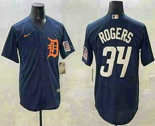 Men%27s Detroit Tigers #34 Jake Rogers Navy Alternate With Patch Cool Base Stitched Jersey